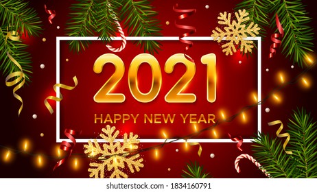 New Years background. Holiday background with golden numbers 2021, realistic pine branches, glitter gold snowflakes and tinsel. New Years and Christmas poster, greeting card, banner