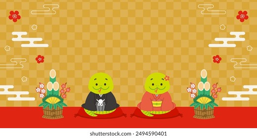 New years background illustration of the green snake couple wearing kimono in 2025