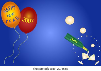 New years background illustration, including balloons,champagne,glasses and bubbles over gradient blue.