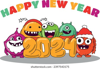 New Year's background in kawaii style with cute monsters in New Year's costumes. cute new year card with tiny monsters. Can be used for printing on T-shirts, stickers, greeting cards. Vector illustrat