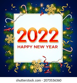 Antecedentes de Año Nuevo con números 2022, ramas de pino realistas, copos de nieve de oro brillante y mejillón. Cartel de bienvenida de Año Nuevo y Navidad, cartel