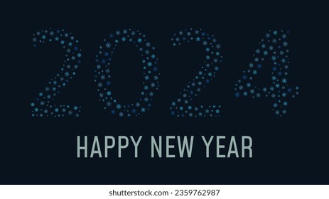 New Year's background with numbers 2024 made of snowflakes. Blue snowflakes on a dark blue background and the inscription Happy New Year. Vector illustration