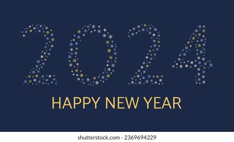 New Year's background with numbers 2024 made of snowflakes. Gold, blue and white snowflakes on a dark blue background and the inscription Happy New Year. Vector illustration