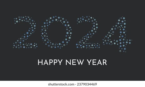 New Year's background with numbers 2024 made of snowflakes. Blue snowflakes on a dark background and the inscription Happy New Year. Vector illustration