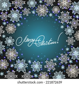 New Year's background with paper snowflakes, shiny stars for greeting card, invitation, congratulation. Christmas festive background. Vector illustration EPS10.