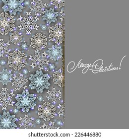 New Year's background with paper snowflakes, shiny stars for greeting card, invitation, congratulation. Christmas festive background. Vector illustration EPS10. 