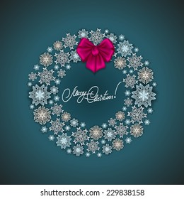 New Year's background with paper snowflakes, shiny stars, ribbon, bow, wreath for greeting card, invitation, congratulation. Christmas festive background. Vector illustration EPS10. 