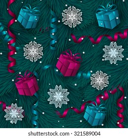 New Year's background with paper snowflakes, serpentine, Christmas trees, shiny stars, gifts for greeting card, invitation, congratulation. Christmas festive background. Vector illustration EPS10. 