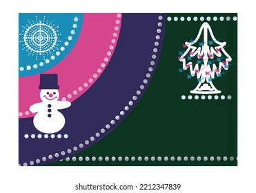 Hintergrund des Neujahrs, Muster der farbigen Streifen, Schneemann, Weihnachtsbäume, Schneeflocken, für Text, Postkarten, Design und Druck