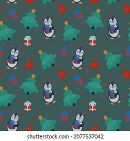 New Year's background with Penguins and gifts. Festive pattern with animals and Christmas trees. Winter cartoon background for textiles. Vector illustration