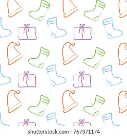 
New Year's background Santa hat, Christmas sock, gift box hand drawn style vector illustration