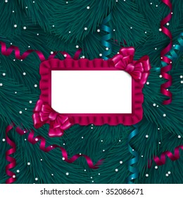 New Year's background with serpentine, Christmas trees, bows, ribbon, lace frame, ruffles, place for text for greeting, gift card, invitation, congratulation.Christmas background. Illustration EPS10. 