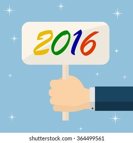 New Years background with sign in the hand, illustration.