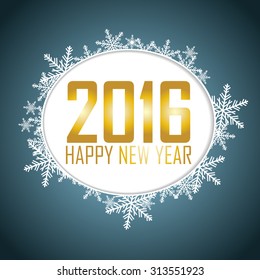 New Year's background with a speech bubble. Gold text, snowflakes. Happy New Year and Christmas 2016. Vector illustration