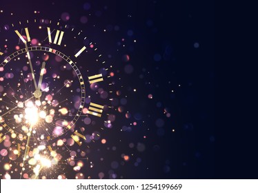 New Years Background Vintage Gold Shining Clock Report Time Five Minutes To Midnight.