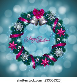 New Year's background - a wreath of fir branches, bow, balls, baubles, gifts, bells, for greeting card, invitation. Christmas festive bokeh background. Vector illustration EPS10.