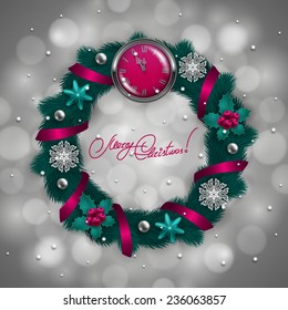 New Year's background - a wreath of fir branches, clock, baubles, realistic balls, holly berries for greeting card, invitation. Christmas festive bokeh background. Vector illustration EPS10.