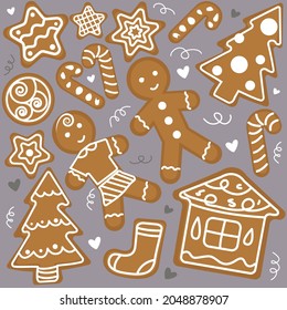 New Year's bakery. Vector set of gingerbread cookies: house, gingerbread man and lady, stars, snowflakes, Christmas decorations, sock, and Christmas tree. A collection of homemade holiday cookies.