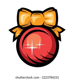 New Years ball with a bow, color image in a flat style. Holiday symbol, sign, emblem, icon. Vector