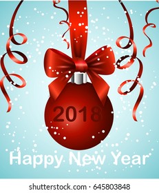 New Year's ball with a bow. Greeting card template design happy new year 2018.