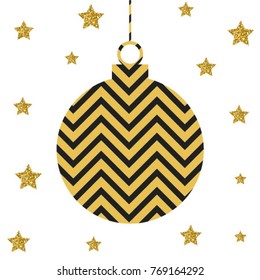 New Year's ball of gold color on the black zig zag with gold glitter stars. Isolated in white background. Happy New Year, Happy Holidays and Merry Christmas vector illustration for holiday design