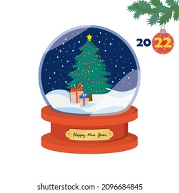 Bola de Año Nuevo con la imagen de un árbol de Navidad festivo con guirnaldas y regalos.