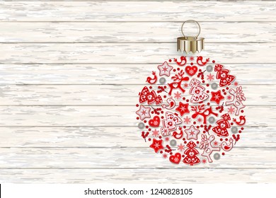 New Years ball with ornament of Christmas toys in Scandinavian style, flat lay, isolated on gentle white background for festive Christmas design, vector illustration