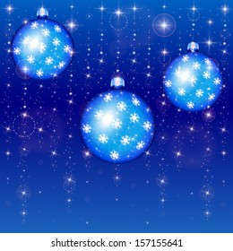 New Year's balls on a blue background with stars 