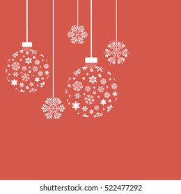 New Years balls and snowflakes. Vector illustration of Christmas balls and snowflakes on a red background.