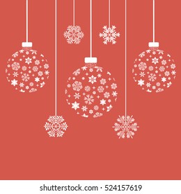 New Year's balls and snowflakes. Vector illustration of Christmas balls and snowflakes on a red background.