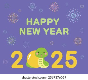 The New Year's banner for 2025 features a festive concept of fireworks exploding, a cute snake character from the Year of the Snake, and the typography "Happy New Year."