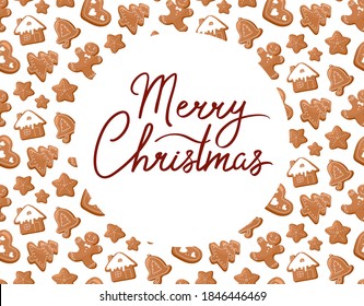 New Year's Banner, isolated on white in cartoon style. Template Merry Christmas. In the background is a pattern of Christmas gingerbread. 