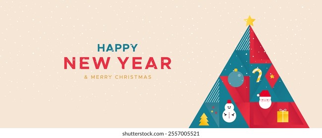 New Year's banner in a minimalist design with santa, toy and gift on a beige background. Merry Christmas and Happy New Year banner.
