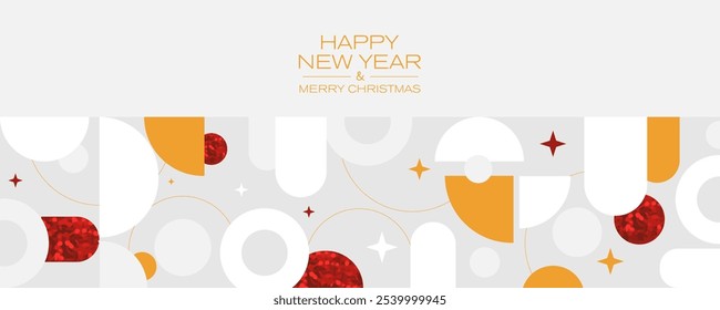 New Year's banner with a minimalistic design and glitter. Colored shapes on a gray background. Merry Christmas and Happy New Year banner.