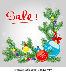 New Year's banner "Sale!" Real Christmas spruce tree. Sketch for greeting card with text, Christmas sale banner