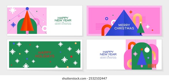 New Year's banner set with a minimalistic design. Christmas tree and colored shapes on a colored background. Happy New Year greeting banners.