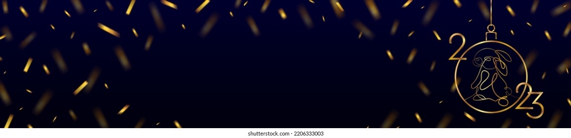 New Year's banner with a stylized number 2023 and a rabbit on a dark background, flying foil. Vector illustration for the New Year with a place for your text
