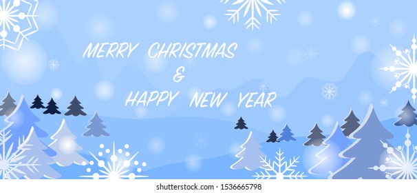New Years banner. Winter background for sale, greeting card, advertising with snowflakes, pines, spruces.  Horizontal landscape banner.
