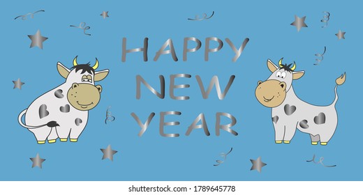 New year's banner. The year of the white silver bull. Horizontal Christmas poster, greeting card, headlines for the site. Vector illustration