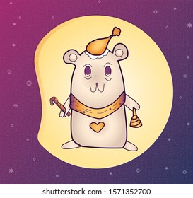 New Year's bear dressed like Santa Claus, with hart on his tummy, cares candy and bell.