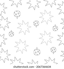 New Year's, beautiful, black and white stars with balls. Vector pattern. Monochrome drawing