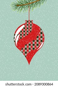 New Year's beautiful Christmas tree toy hangs on a branch on a deep background with snow. Tartan elements in red and green.  Vector.
