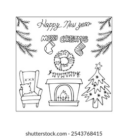 New Year's black and white card, hand-drawn in cartoon style with a Christmas tree and a fireplace.