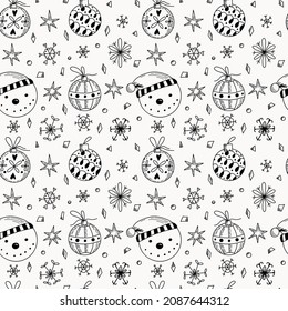 Patrón blanco y negro de Año Nuevo con hombres de nieve y juguetes de árbol de Navidad. para tejidos y embalajes