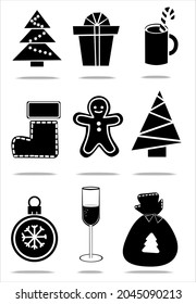 New Year's black and white set of silhouettes.Elements for the design of postcards and websites.Christmas and New Year items.A gingerbread man, a gift, a Christmas tree, a cup of cocoa.