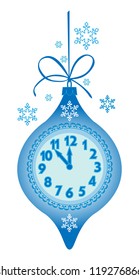 new year's blue clock with some snowflakes on white background