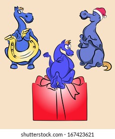 New Year's blue horse. Picture of a funny horse in motion and horseshoe 