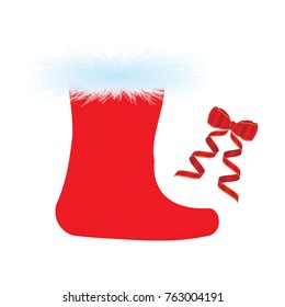 New Year`s boot Red with fur edge - satin bow with streamer - isolated on white background - art creative illustration vector