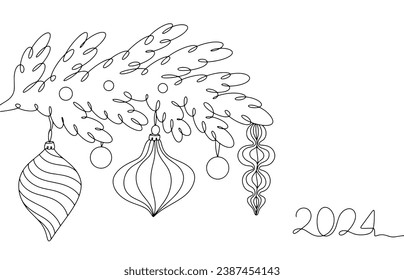 New Year's branch with decorations. Happy New Year and Merry Christmas! New Year illustration for different uses. Vector.