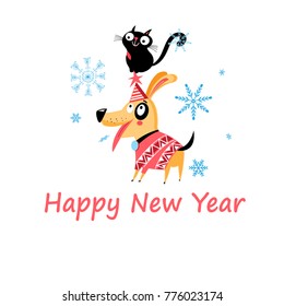 New Years bright postcard with a cat and a dog on a light background